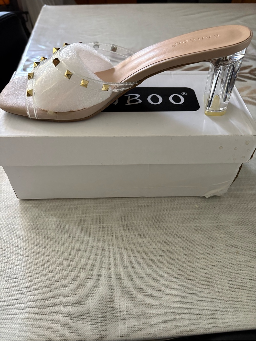 BAMBOO White Clear Heel Studded Slide Mule
